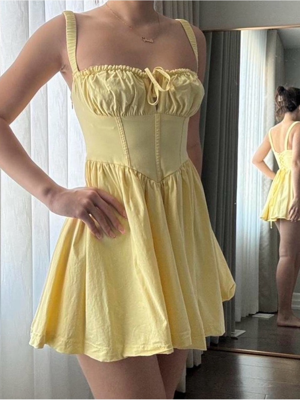Fashion Nova Pale Yellow Corset Skater Dress